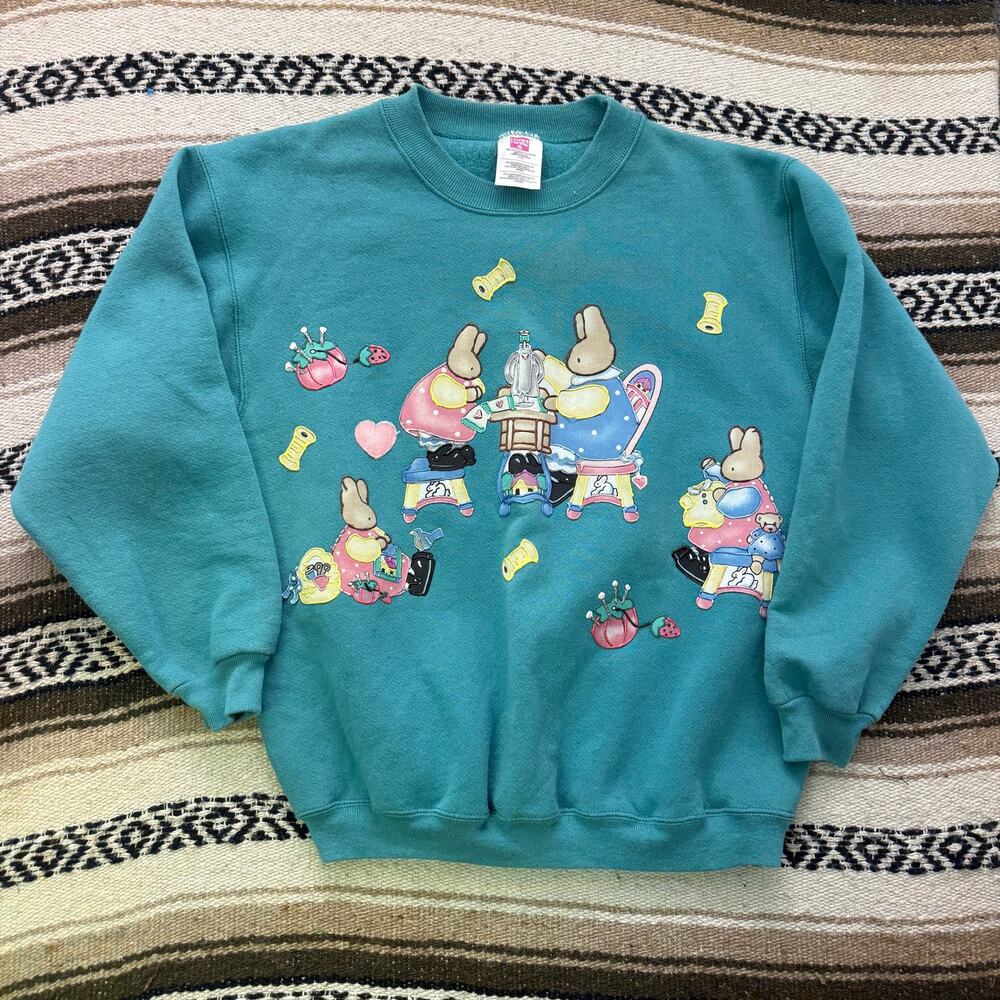 Women's Vintage 90's Teal Bunny Rabbit Hand Painted Crewneck Sweatshirt Sz Large